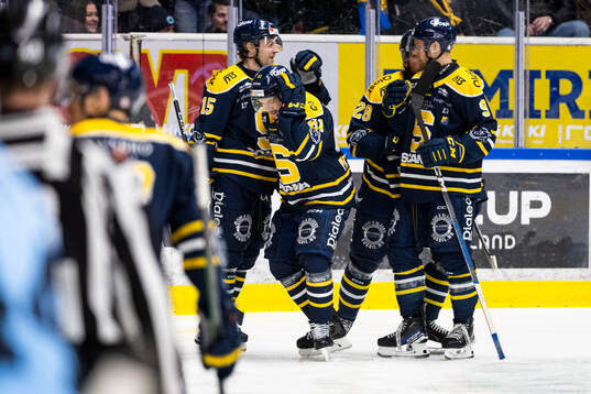 Södertäljes Miikka Pitkänen jublar 1-1 målet med
