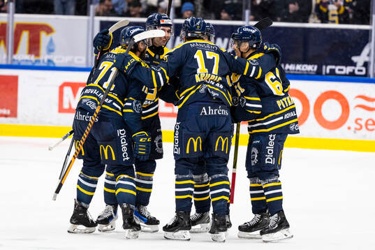 Södertäljes Amil Krupic jublar 2-1 målet med lagkamrater