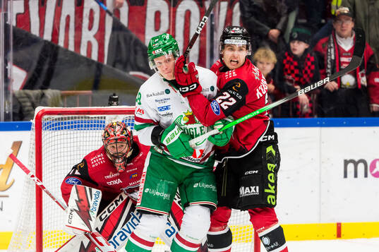 Rögles Anton Bengtsson och Malmö Redhawks målvakt Daniel
