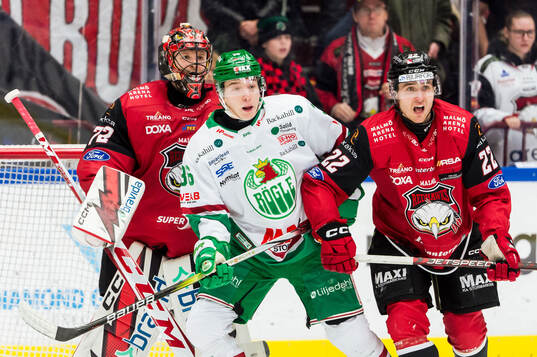Rögles Axel Smeds och Malmö Redhawks Janne Kuokkanen