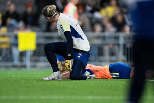 Goalkeeper Jennifer Falk and Stina Blackstenius of Sweden