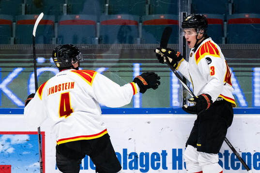 Brynäs Noel Nordh jublar med Theo Lindstein