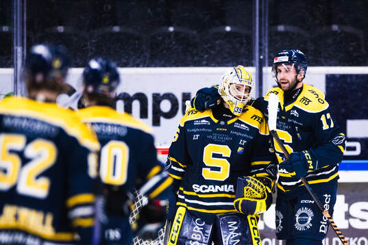 Södertäljes målvakt Tomas Sholl jublar med Amil Krupic