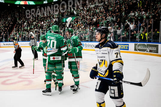 Rögles Albin Sundsvik jublar och HV71s Radan Lenc deppar