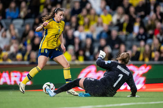 Rusul Rosa Kafaji of Sweden scores 3-0 behind  goalkeeper