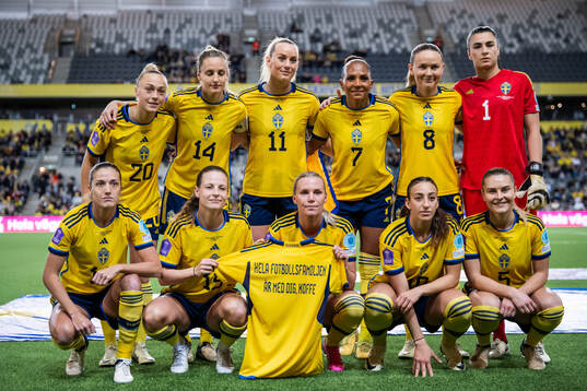 The starting eleven of Sweden pose for a photo as the hold