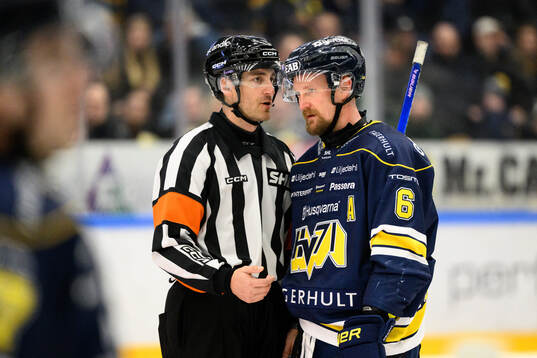 Domare Kristoffer Folkstrand pratar med HV71s Anton