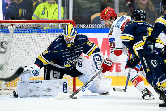 HV71s målvakt Frederik Dichow och MoDos Josh Dickinson