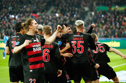 Players of Midtjylland celebrate 2-0