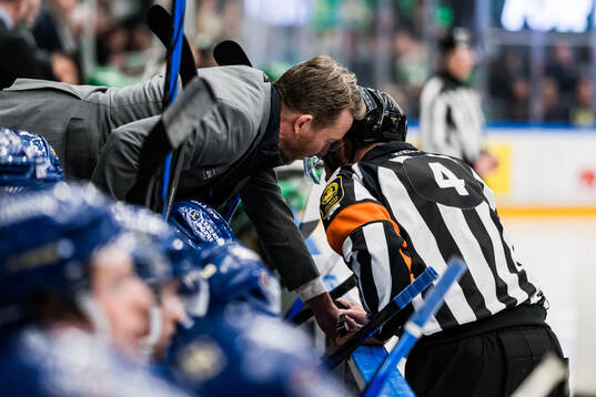 Leksands tränare Charles Berglund med Domare Marcus Linde