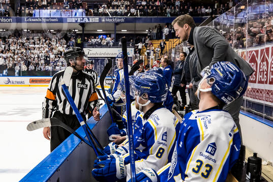 Domare Mikael Sjöqvist och Leksands assisterande tränare