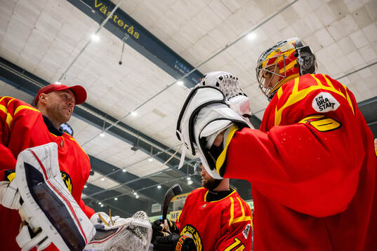 Brynäs målvakt Jared Coreau och Damian Clara jublar