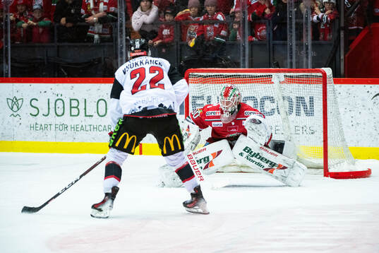 Malmö Redhawks Janne Kuokkanen och MoDos målvakt Lassi