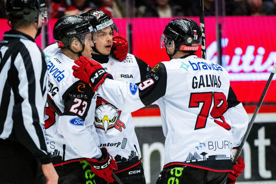 Malmö Redhawks Albert Sjöberg jublar med lagkamrater