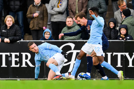 Malmö FFs Gabriel Busanello och Halmstads Villiam Granath