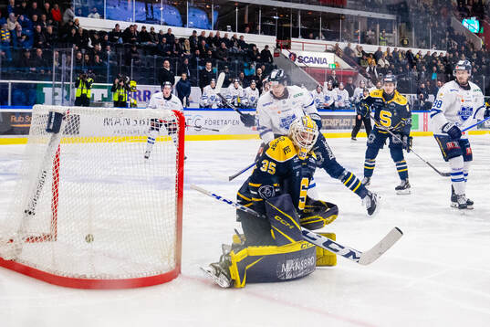 Södertäljes målvakt Tomas Sholl släpper eftiner 1-2 av
