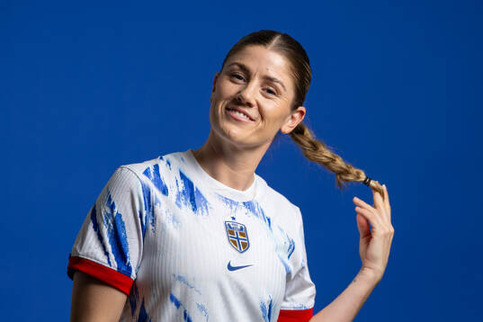 Maren Mjelde of the Norwegian national football team poses