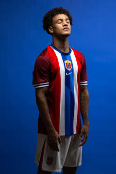 Oscar Bobb of the Norwegian national football team poses