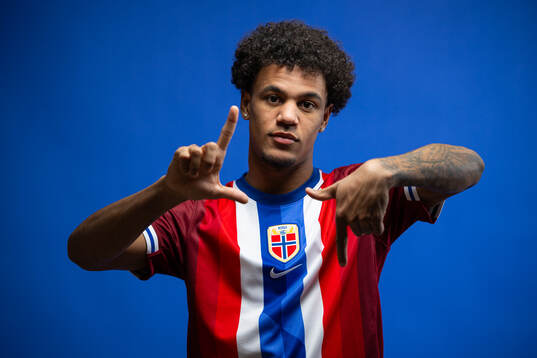 Oscar Bobb of the Norwegian national football team poses