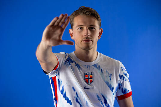 Sander Berge of the Norwegian national football team poses