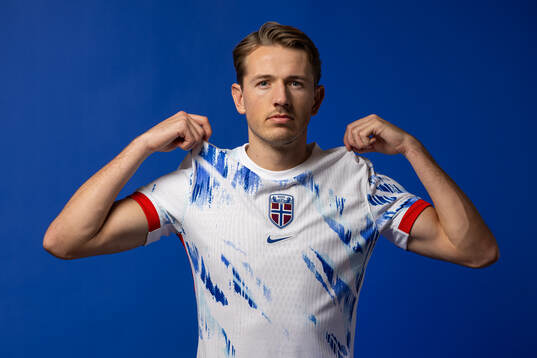 Sander Berge of the Norwegian national football team poses