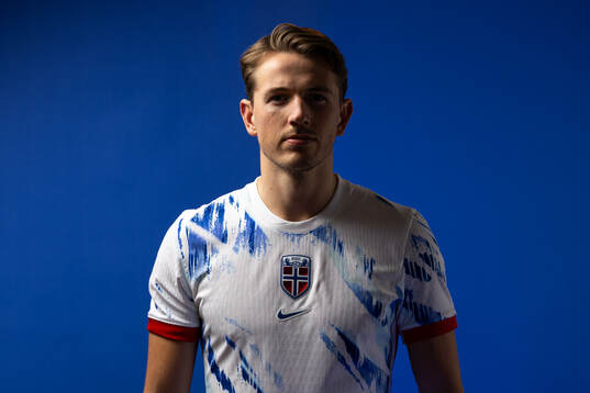 Sander Berge of the Norwegian national football team poses