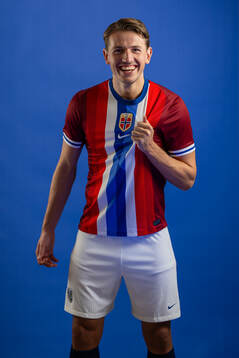 Sander Berge of the Norwegian national football team poses