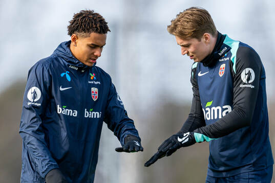 Antonio Nusa and Kristian Thorstvedt of the Norwegian