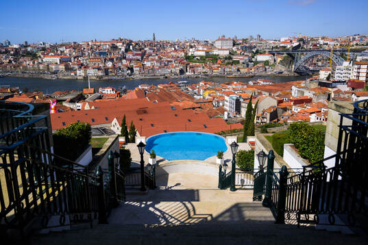 View over the swimming pool area and city of Porto from The