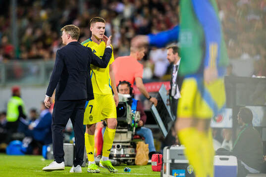Head coach Jon Dahl Tomasson and Emil Holm of Sweden