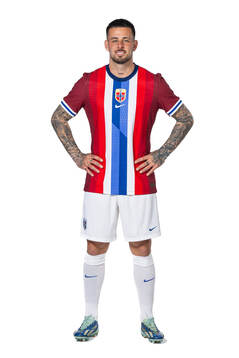Aron Dønnum of the Norwegian national football team poses