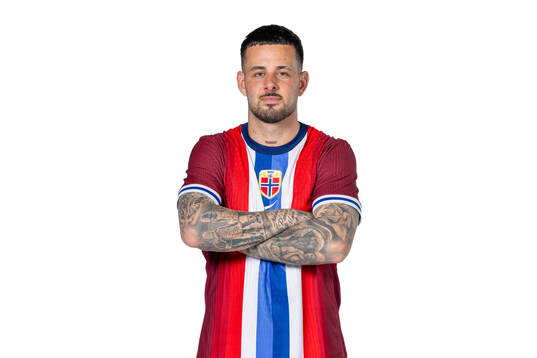 Aron Dønnum of the Norwegian national football team poses