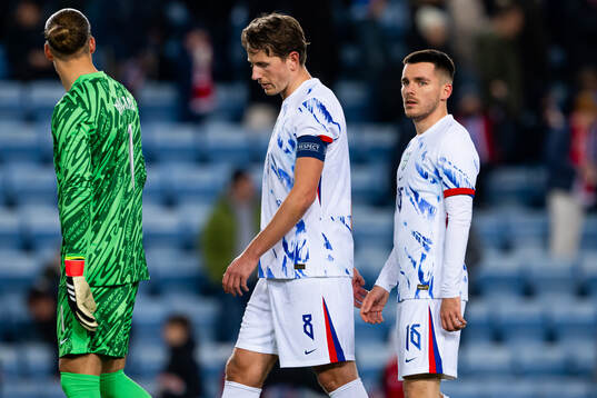 Sander Berge and Hugo Vetlesen of Norway look dejected