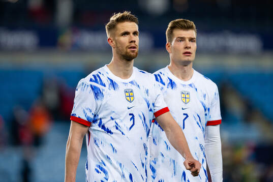 Kristoffer Ajer and Alexander Sørloth of Norway look