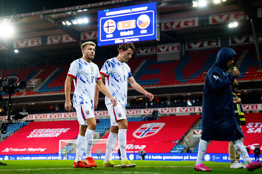 Fredrik André Bjørkan and Sander Berge of Norway look