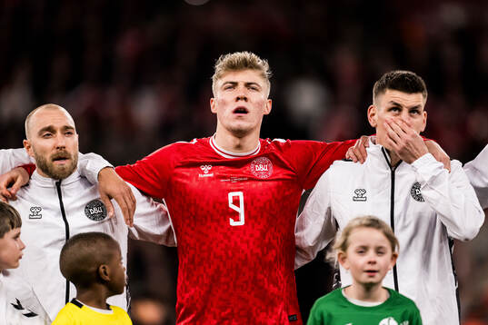 Christian Eriksen, Rasmus Højlund and Joakim Mæhle of