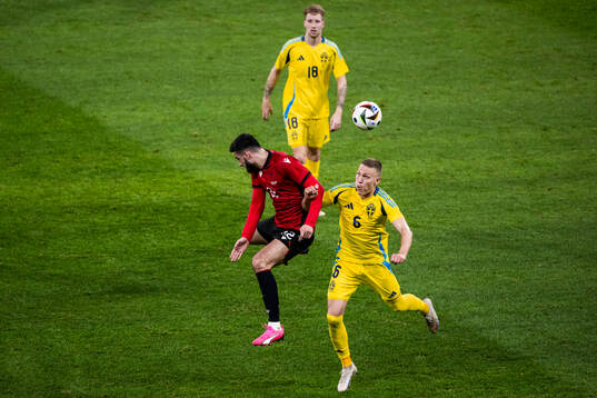 Armando Broja of Albania and Ludwig Augustinsson of Sweden