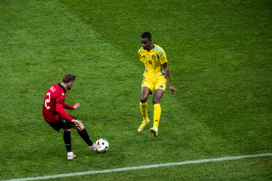 Ivan Balliu of Albania and Alexander Isak of Sweden