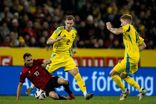 Nedim Bajrami of Albania against Emil Krafth and Samuel