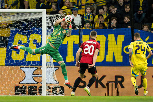 Goalkeeper Robin Olsen of Sweden and Ylber Ramadani of