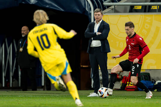 Emil Forsberg and Head coach Jon Dahl Tomasson of Sweden
