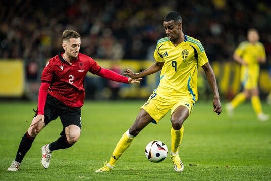Ivan Balliu of Albania and Alexander Isak of Sweden