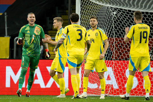 Goalkeepers Robin Olsen of Sweden celebrates