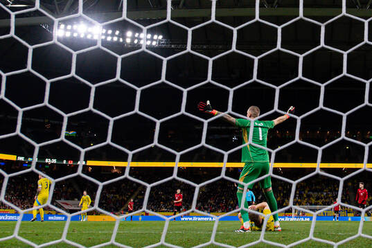 goalkeeper Robin Olsen of Sweden reacts as Carl Starfelt is