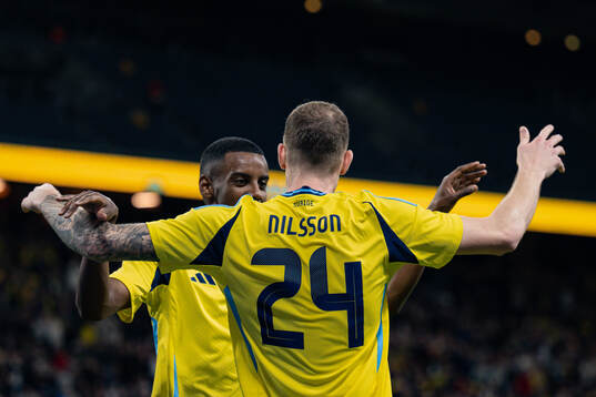 Gustaf Nilsson and Alexander Isak of Sweden celebrate the