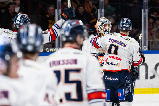 Växjös målvakt Emil Larmi jublar med lagkamrater