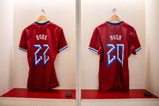 The kits of Oscar Bobb and Antonio Nusa of Norway in the