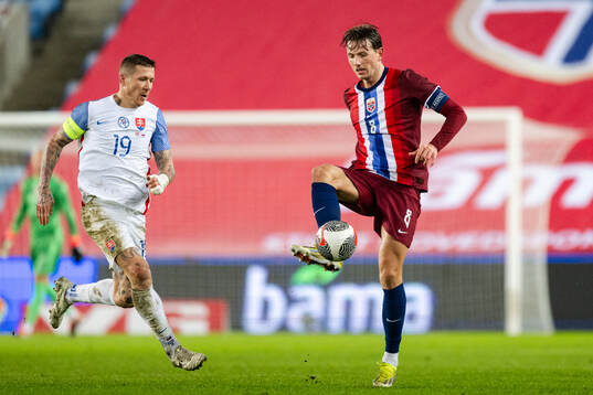 Juraj Kucka of Slovakia and Sander Berge +of Norway