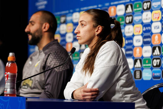 Rusul Rosa Kafaji of Häcken at a press conference