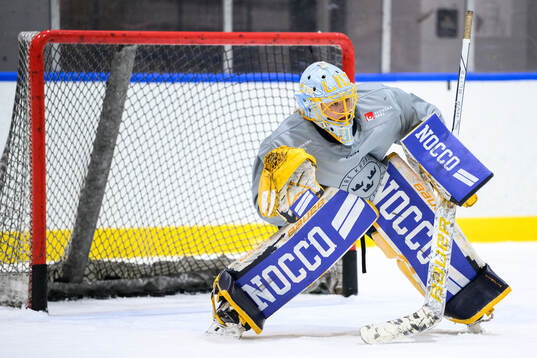Goaltender Tindra Holm of Sweden at a practice session